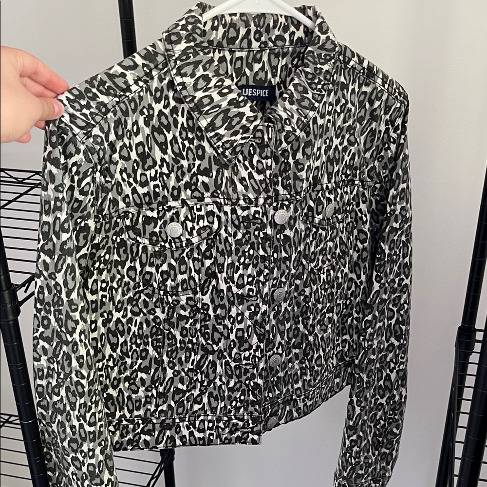 Blue Spice Black and White Animal Print Jean Jacket